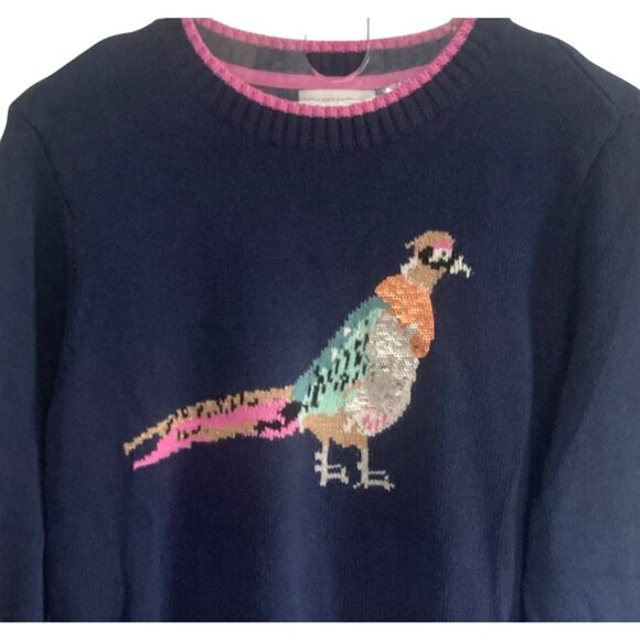 Charter Club Sequin Pheasant Bird Sweater Large Navy Blue Festive Forestcore - Picture 1 of 8